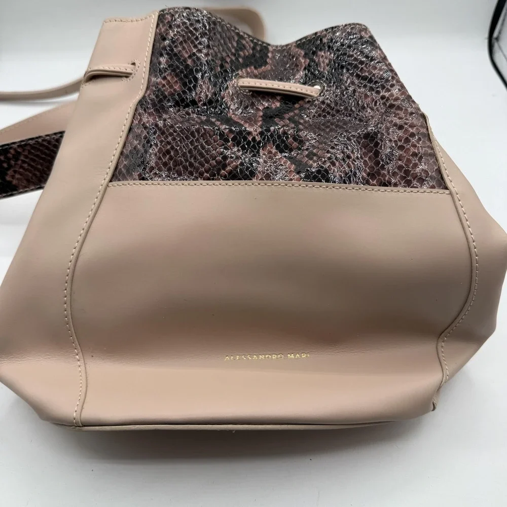 Alessandro Mari Bucket Bag Womens Pink Brown‎ Snakeskin Leather Made Italy Purse